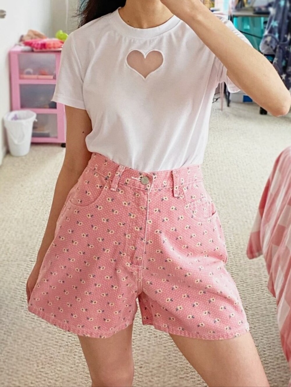 Vintage High-Rise Pink Floral 100% Cotton Jean Shorts